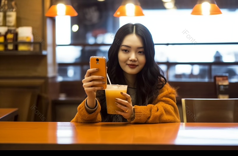 拿手机的青年女子在餐厅喝果汁实景拍摄,高清,摄影图,摄影图片,图片大全,摄影图免费下载